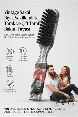 Vintage Sakal Bıyık Şekillendirici Tarak ve Çift Taraflı Anti-Statik Bakım Fırçası - Retro Desenli Berber Tipi Sakal Yağı ve Vakslama Fırçası 721409 - RETRO 