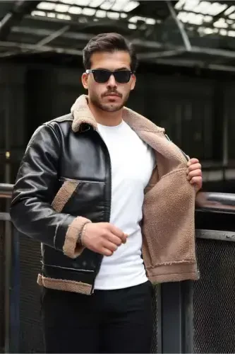Vintage Kürk Detaylı Erkek Deri Ceket/Mont - Siyah-Siyah - Valiberta (1)
