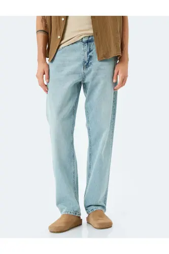 Vintage Straight Bol Jean Pantolon Cep Detaylı Pamuklu-Açık İndigo - 3