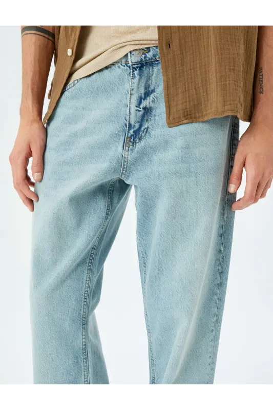 Vintage Straight Bol Jean Pantolon Cep Detaylı Pamuklu-Açık İndigo - 5