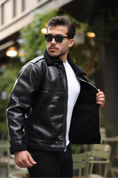 Vintage style, fur detailed men's leather jacket - Black - 7