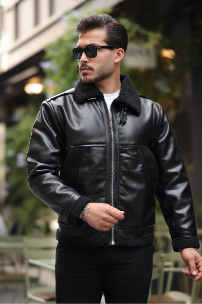 Vintage style, fur detailed men's leather jacket - Black - 8