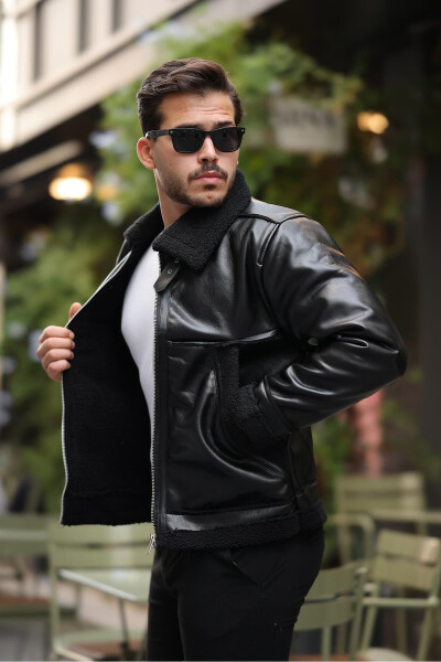 Vintage style, fur detailed men's leather jacket - Black - 11