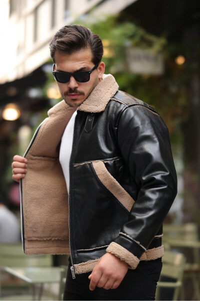 Vintage style, fur detailed men's leather jacket - Black - 2