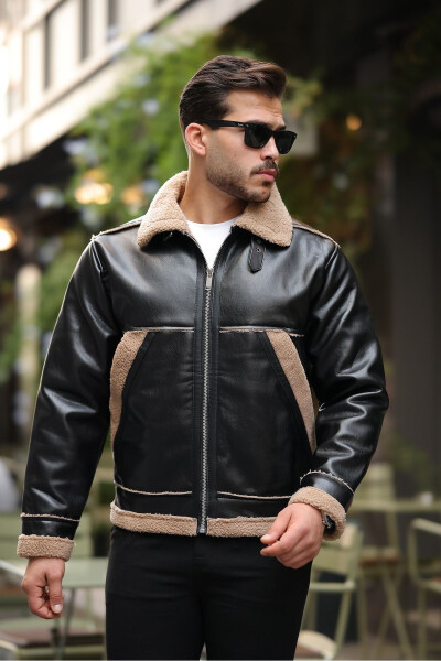 Vintage style, fur detailed men's leather jacket - Black - 3