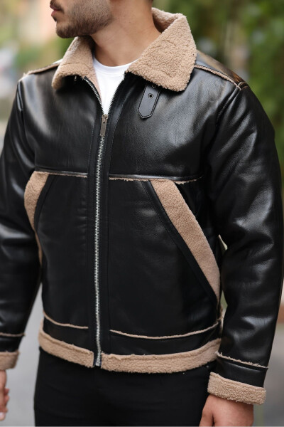 Vintage style, fur detailed men's leather jacket - Black - 4