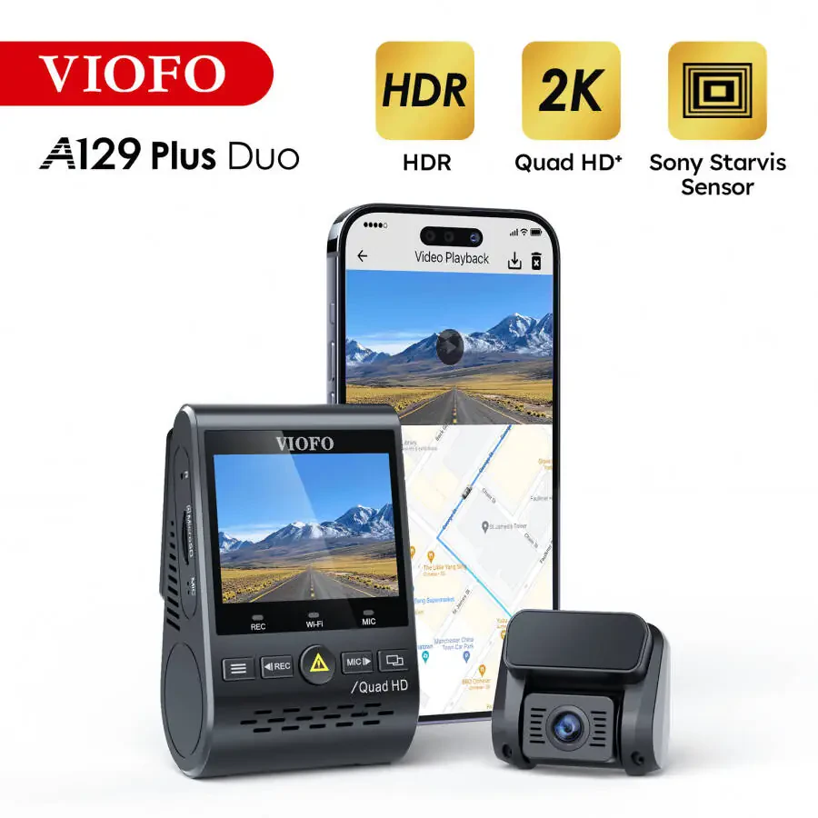 VIOFO A129 Plus Duo Dash Cam 2K 1440P 60FPS + 1080P 30FPS Wi-Fi GPS - NEW-A129PLUSDUO - 1
