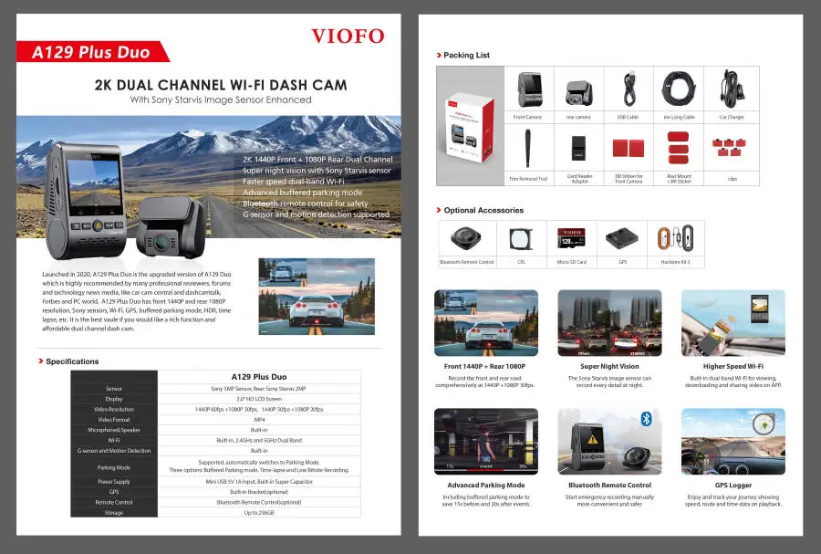 VIOFO A129 Plus Duo Dash Cam 2K 1440P 60FPS + 1080P 30FPS Wi-Fi GPS - NEW-A129PLUSDUO - 6