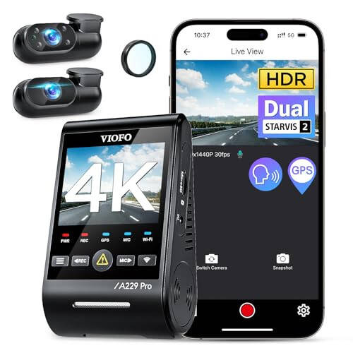 VIOFO A229 Pro 3 Kanallı 4K HDR Dash Cam, Çift STARVIS 2 Sensör IMX678 & IMX675, 4K+2K+1080P Ön İçi ve Arka Üçlü Araba Kamerası, 5GHz WiFi GPS, Sesli Kontrol, 24 Saat Park Modu, 512GB Desteği - 1