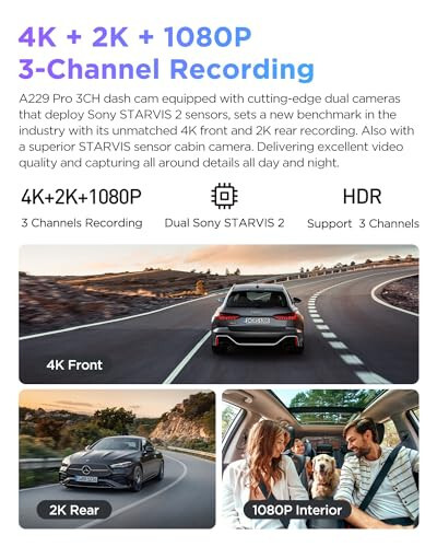 VIOFO A229 Pro 3 Kanallı 4K HDR Dash Cam, Çift STARVIS 2 Sensör IMX678 & IMX675, 4K+2K+1080P Ön İçi ve Arka Üçlü Araba Kamerası, 5GHz WiFi GPS, Sesli Kontrol, 24 Saat Park Modu, 512GB Desteği - 2