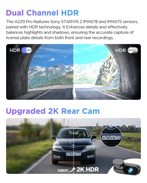 VIOFO A229 Pro 4K HDR Dash Cam, Dual STARVIS 2 IMX678 IMX675, 4K+2K Front and Rear Car Camera, 2 Channel with HDR, Voice Control, 5GHz WiFi GPS, Night Vision 2.0, 24H Parking Mode, Support 512GB Max - 3