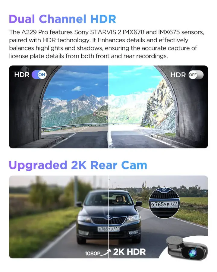 VIOFO A229 Pro 4K HDR Dash Cam, Dual STARVIS 2 IMX678 IMX675, 4K+2K Front and Rear Car Camera, 2 Channel with HDR, Voice Control, 5GHz WiFi GPS, Night Vision 2.0, 24H Parking Mode, Support 512GB Max - 3