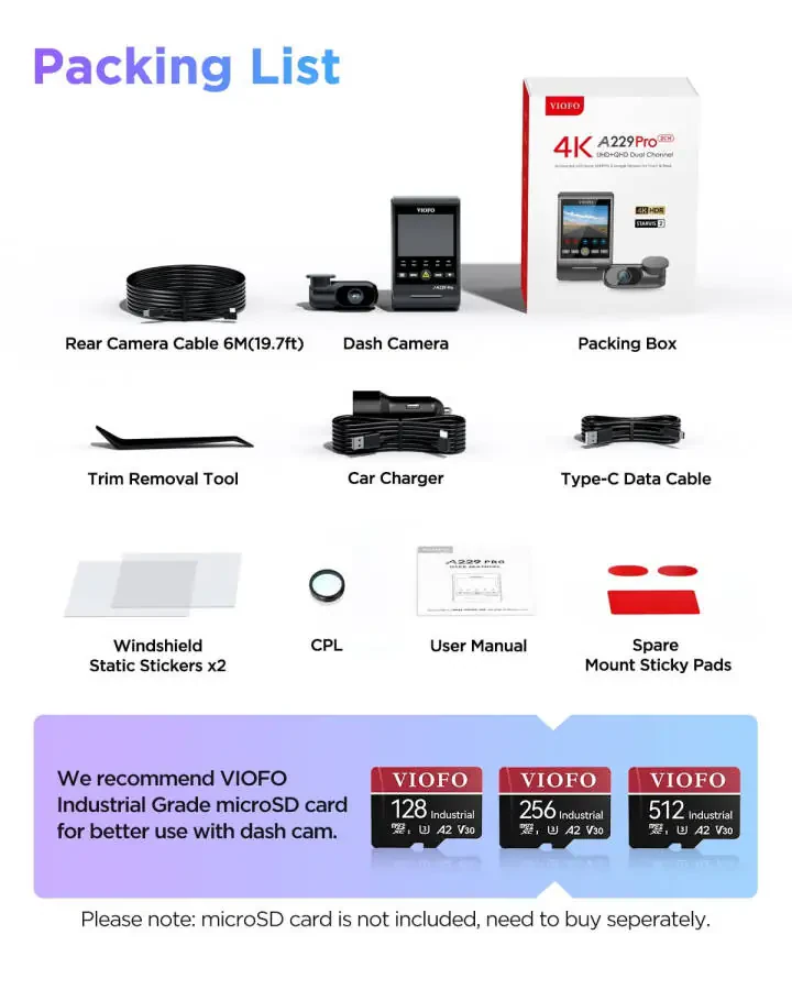 VIOFO A229 Pro 4K HDR Dash Cam, Dual STARVIS 2 IMX678 IMX675, 4K+2K Front and Rear Car Camera, 2 Channel with HDR, Voice Control, 5GHz WiFi GPS, Night Vision 2.0, 24H Parking Mode, Support 512GB Max - 5