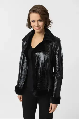 Violet Black Croco Embossed Zippered Biker Women's Jacket-Croco Black - 1