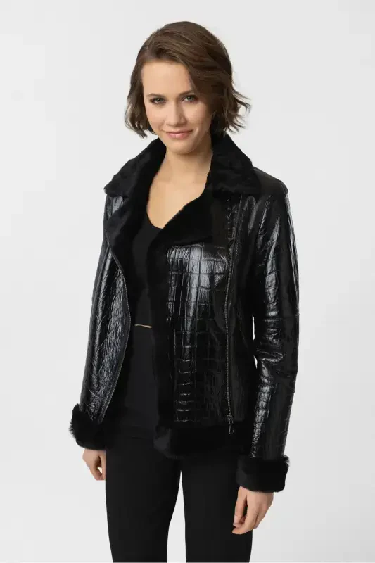 Violet Black Croco Embossed Zippered Biker Women's Jacket-Croco Black - 1