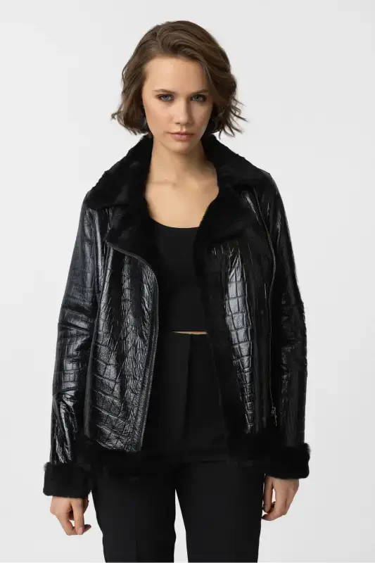 Violet Black Croco Embossed Zippered Biker Women's Jacket-Croco Black - 2