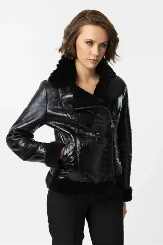 Violet Black Croco Embossed Zippered Biker Women's Jacket-Croco Black - 3