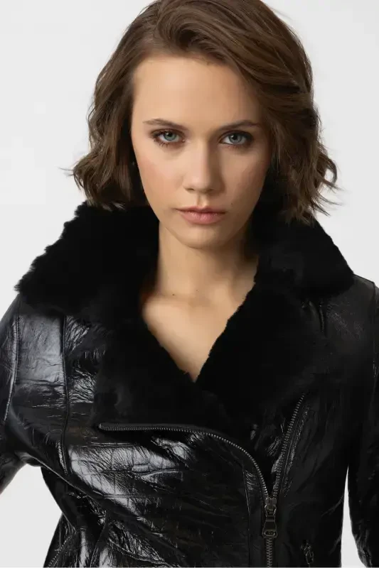 Violet Black Croco Embossed Zippered Biker Women's Jacket-Croco Black - 4