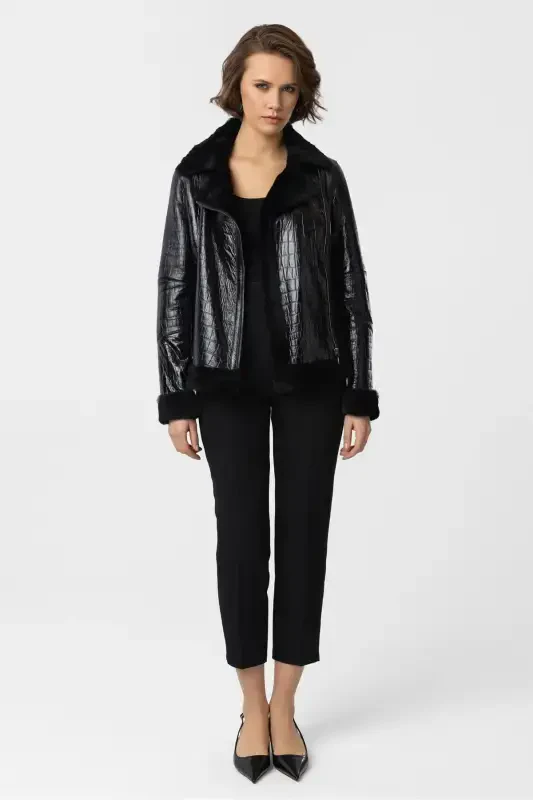 Violet Black Croco Embossed Zippered Biker Women's Jacket-Croco Black - 5