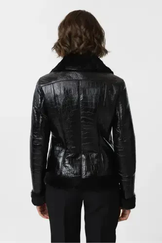 Violet Black Croco Embossed Zippered Biker Women's Jacket-Croco Black - 6