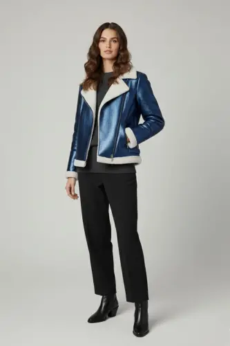 Violet Saks Mavisi Fermuarlı Biker Kadın Hakiki Kürk Mont-Mavi - 3