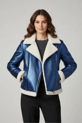 Violet Saks Mavisi Fermuarlı Biker Kadın Hakiki Kürk Mont-Mavi - 1