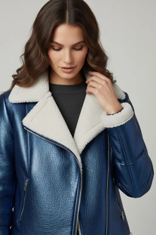 Violet Saks Mavisi Fermuarlı Biker Kadın Hakiki Kürk Mont-Mavi - 2