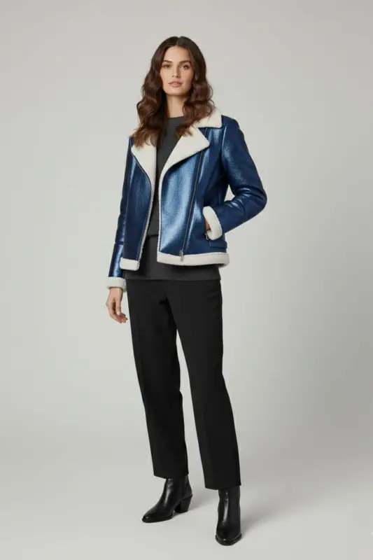 Violet Saks Mavisi Fermuarlı Biker Kadın Hakiki Kürk Mont-Mavi - 3