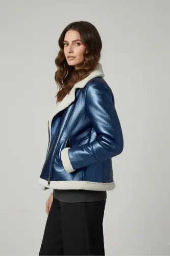 Violet Saks Mavisi Fermuarlı Biker Kadın Hakiki Kürk Mont-Mavi - 4