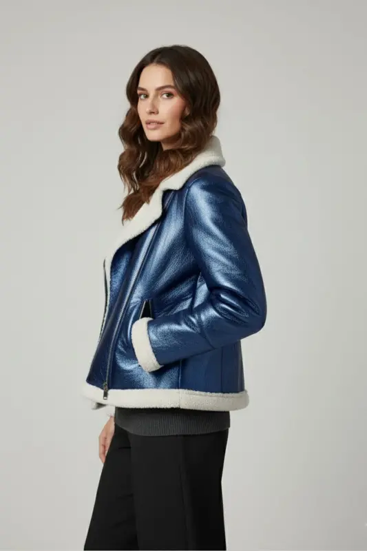 Violet Saks Mavisi Fermuarlı Biker Kadın Hakiki Kürk Mont-Mavi - 4