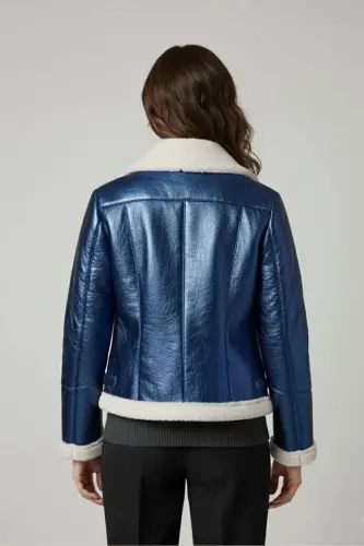 Violet Saks Mavisi Fermuarlı Biker Kadın Hakiki Kürk Mont-Mavi - 5