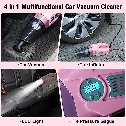 Vioview Pink Car Cleaning Kit, 21PCS Car Detailing Kit Interior Cleaner with 4-in-1 Handheld Car Vacuum Cleaner, Detailing Brush Set, Side Mirror Squeegee, Car Accessories for Cleaning, Gift for Women - 2
