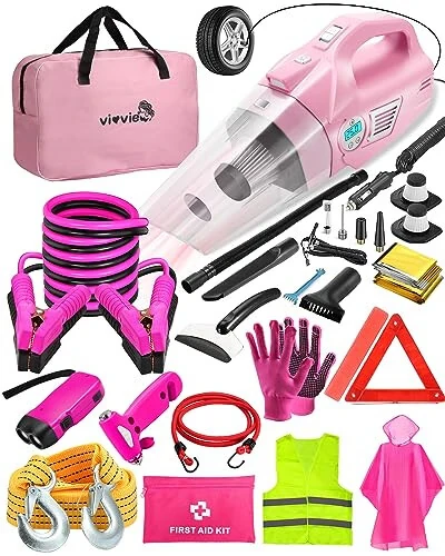 vioview Roadside Emergency Car kit for Vehicles, with 4 in 1 Inflatable Car Vacuum Cleaner, Pink Jumper Cables, First Aid Kit, Tow Rope, Vehicle Road Trip Must Haves Pink Accessories for Women 
