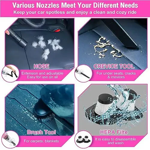 vioview Roadside Emergency Car kit for Vehicles, with 4 in 1 Inflatable Car Vacuum Cleaner, Pink Jumper Cables, First Aid Kit, Tow Rope, Vehicle Road Trip Must Haves Pink Accessories for Women - 3