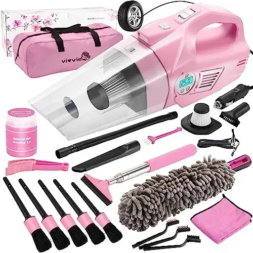 Vioview Pink Car Cleaning Kit, 21PCS Car Detailing Kit Interior Cleaner with 4-in-1 Handheld Car Vacuum Cleaner, Detailing Brush Set, Side Mirror Squeegee, Car Accessories for Cleaning, Gift for Women - 2