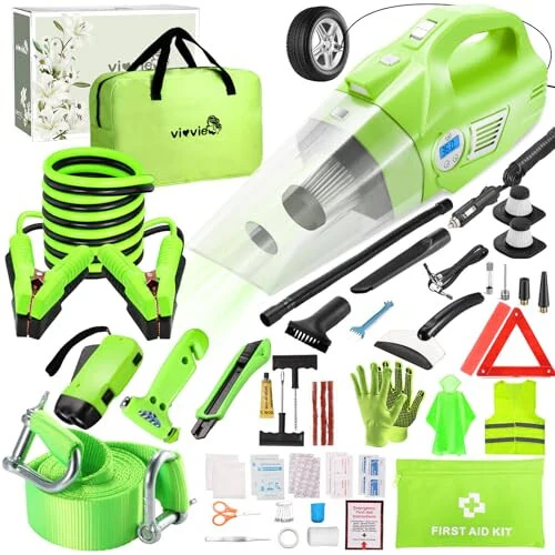 vioview Roadside Emergency Car Kit for Vehicles, Car Safety Kit with 4 in 1 Inflatable Car Vacuum Cleaner, Jumper Cables, Tow Straps, First Aid Kit, Car Must Haves Road Trip Essentials for Men Women - vioview