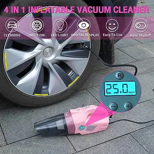 vioview Roadside Emergency Car kit for Vehicles, with 4 in 1 Inflatable Car Vacuum Cleaner, Pink Jumper Cables, First Aid Kit, Tow Rope, Vehicle Road Trip Must Haves Pink Accessories for Women - 1
