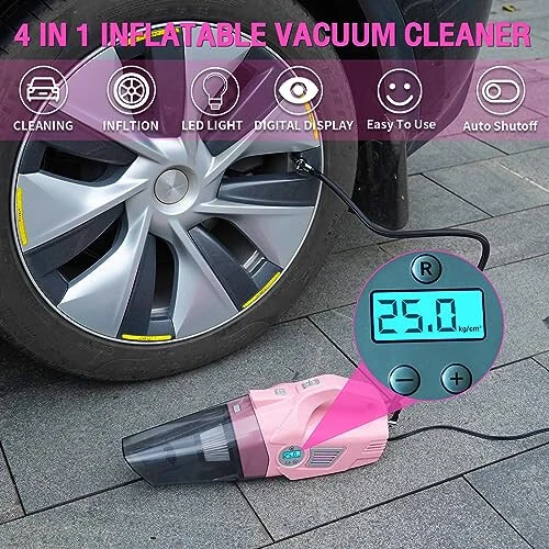 vioview Roadside Emergency Car kit for Vehicles, with 4 in 1 Inflatable Car Vacuum Cleaner, Pink Jumper Cables, First Aid Kit, Tow Rope, Vehicle Road Trip Must Haves Pink Accessories for Women - 2