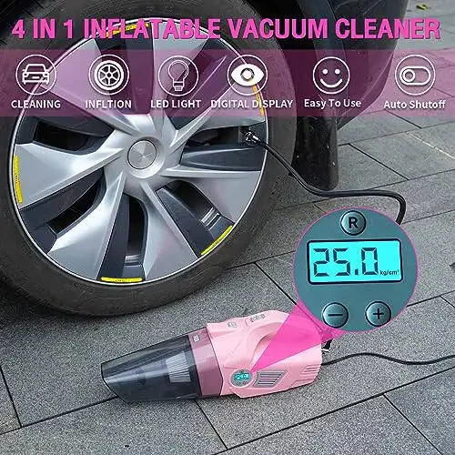 vioview Roadside Emergency Car kit for Vehicles, with 4 in 1 Inflatable Car Vacuum Cleaner, Pink Jumper Cables, First Aid Kit, Tow Rope, Vehicle Road Trip Must Haves Pink Accessories for Women - 2
