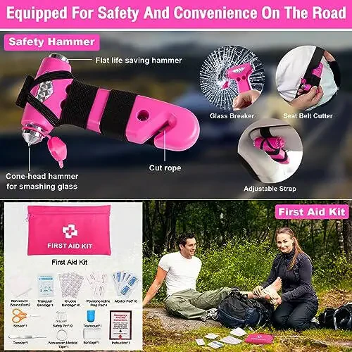 vioview Roadside Emergency Car kit for Vehicles, with 4 in 1 Inflatable Car Vacuum Cleaner, Pink Jumper Cables, First Aid Kit, Tow Rope, Vehicle Road Trip Must Haves Pink Accessories for Women - 7