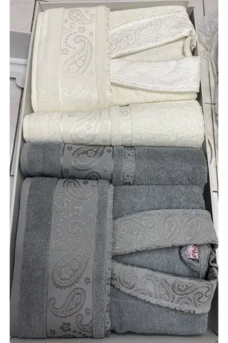 VIP Family Bathrobe Set 6 Pieces 100% Cotton-GRAY*CREAM 