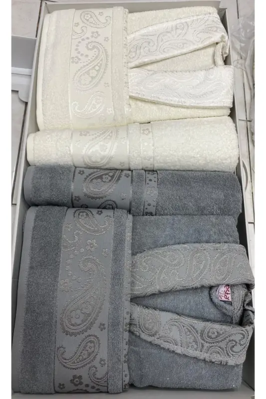 Vip Oila Bornoz Seti 6 Bo'lak 100% Paxta-Kulrang*KREM - 1