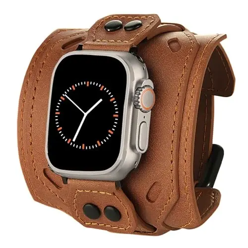 VIQIV Leather Band Compatible with Apple Watch 45mm for Men 44mm 42mm 41mm 40mm 46mm 38mm 49mm SE Bands Women, Cuff Bracelet Wide Sport Straps Wristband for Iwatch Series 10 9 8 7 6 5 4 3 SE SE2 Ultra 2 - 1