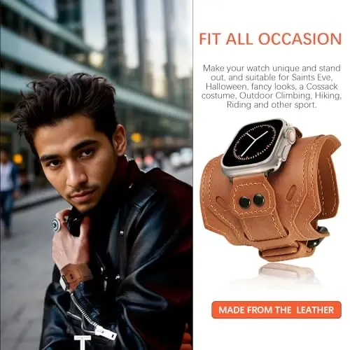 VIQIV Leather Band Compatible with Apple Watch 45mm for Men 44mm 42mm 41mm 40mm 46mm 38mm 49mm SE Bands Women, Cuff Bracelet Wide Sport Straps Wristband for Iwatch Series 10 9 8 7 6 5 4 3 SE SE2 Ultra 2 - 2
