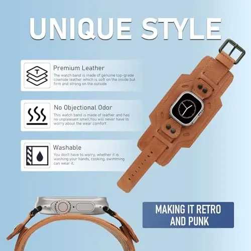 VIQIV Leather Band Compatible with Apple Watch 45mm for Men 44mm 42mm 41mm 40mm 46mm 38mm 49mm SE Bands Women, Cuff Bracelet Wide Sport Straps Wristband for Iwatch Series 10 9 8 7 6 5 4 3 SE SE2 Ultra 2 - 3