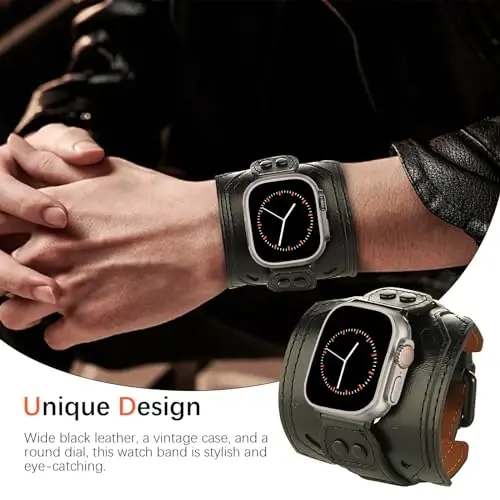 VIQIV Leather Band Compatible with Apple Watch 45mm for Men 44mm 42mm 41mm 40mm 46mm 38mm 49mm SE Bands Women, Cuff Bracelet Wide Sport Straps Wristband for Iwatch Series 10 9 8 7 6 5 4 3 SE SE2 Ultra 2 - MODAZONE (1)