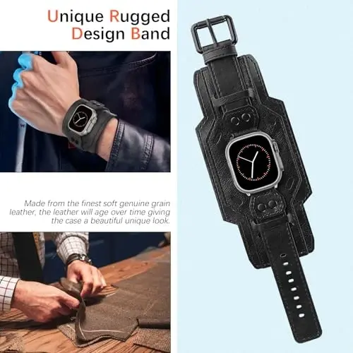 VIQIV Leather Band Compatible with Apple Watch 45mm for Men 44mm 42mm 41mm 40mm 46mm 38mm 49mm SE Bands Women, Cuff Bracelet Wide Sport Straps Wristband for Iwatch Series 10 9 8 7 6 5 4 3 SE SE2 Ultra 2 - 3