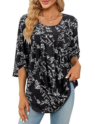 Viracy 3/4 Sleeve Tunic Tops to Wear with Leggings Crewneck Pleated Long Loose Fit Shirt Blouses - 1