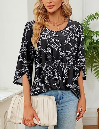 Viracy 3/4 Sleeve Tunic Tops to Wear with Leggings Crewneck Pleated Long Loose Fit Shirt Blouses - 3