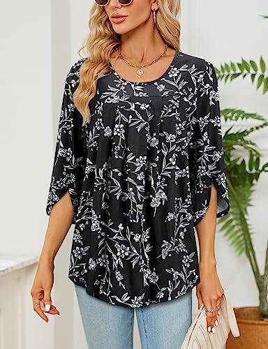 Viracy 3/4 Sleeve Tunic Tops to Wear with Leggings Crewneck Pleated Long Loose Fit Shirt Blouses - 4